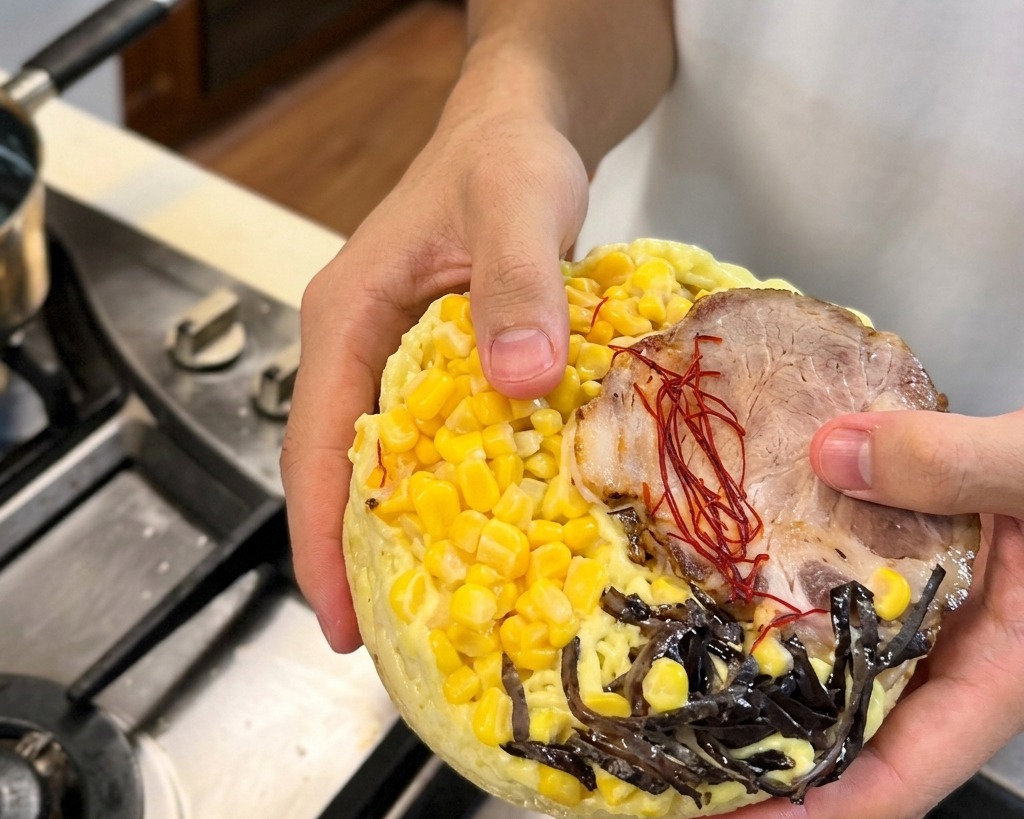 Una persona sosteniendo un disco circular de ramen congelado cubierto con maíz amarillo, una rebanada de chashu de cerdo y setas oreja de judas picadas sobre los fogones.