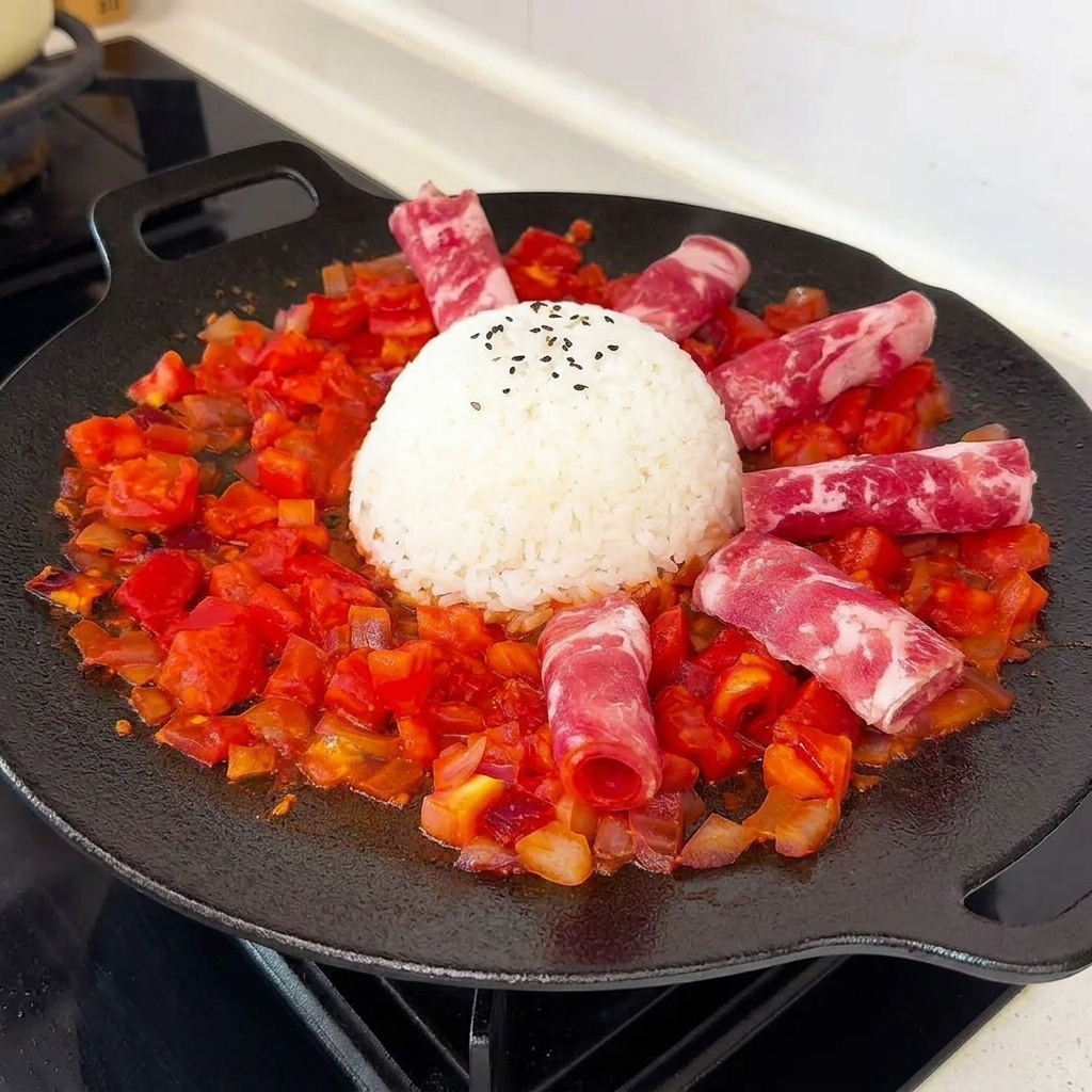 Una cúpula de arroz blanco decorada con semillas de sésamo negro, rodeada de rollos de ternera veteada cruda sobre una base de tomates cocinados.