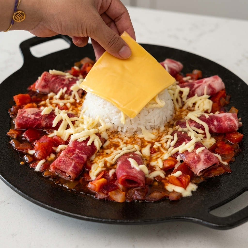 Una mano colocando una loncha cuadrada de queso cheddar amarillo encima de una cúpula de arroz blanco en una sartén rodeada de rollos de ternera y queso rallado.