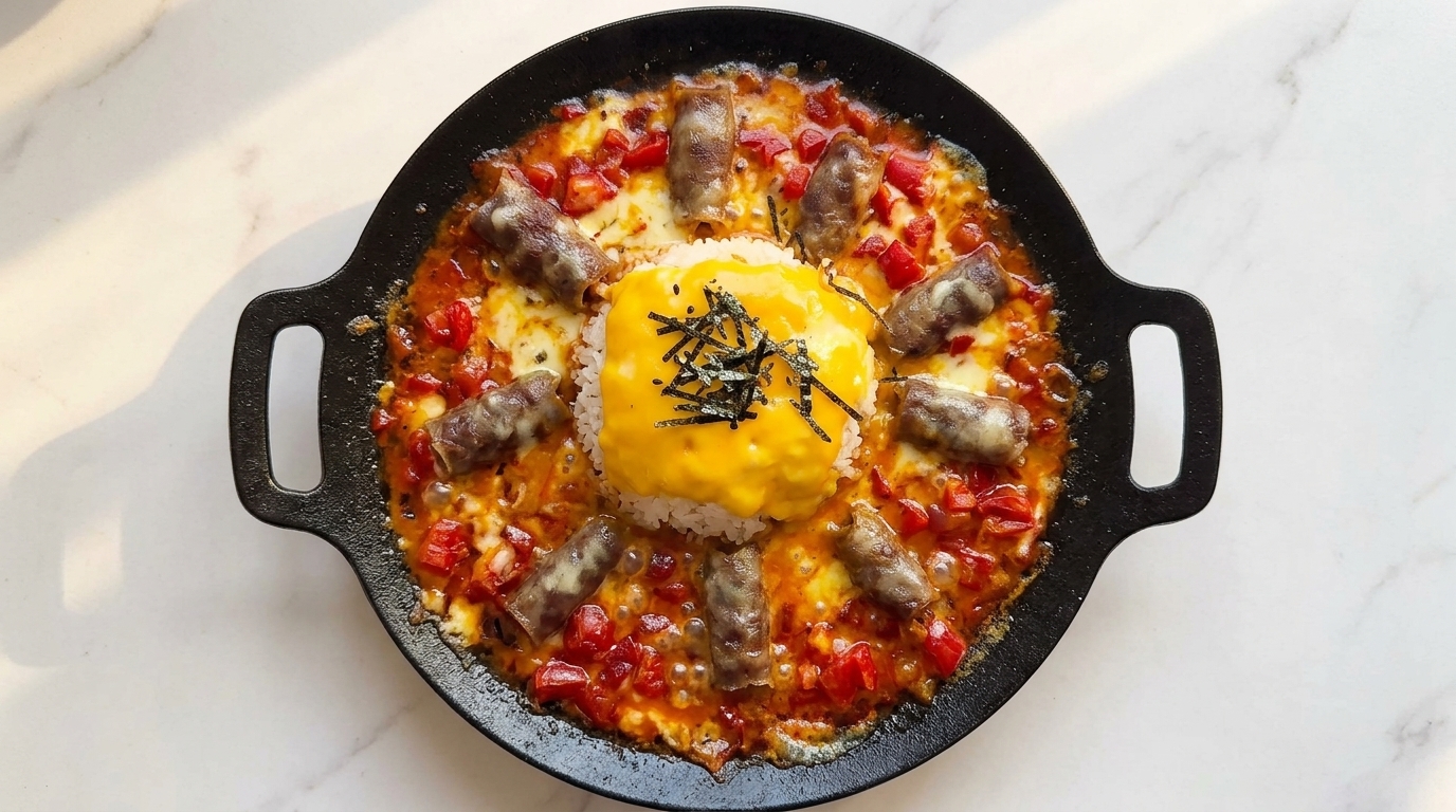 Una sartén caliente de arroz con ternera y queso con una cobertura de cheddar fundido y un anillo de sabrosos rollos de carne.