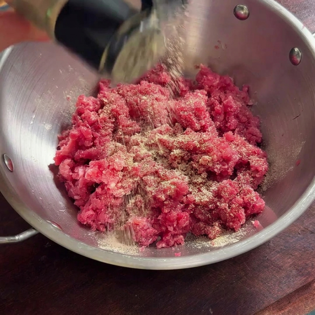 Pimienta negra y vino para cocinar vertiéndose sobre carne picada cruda en un bol de acero inoxidable.