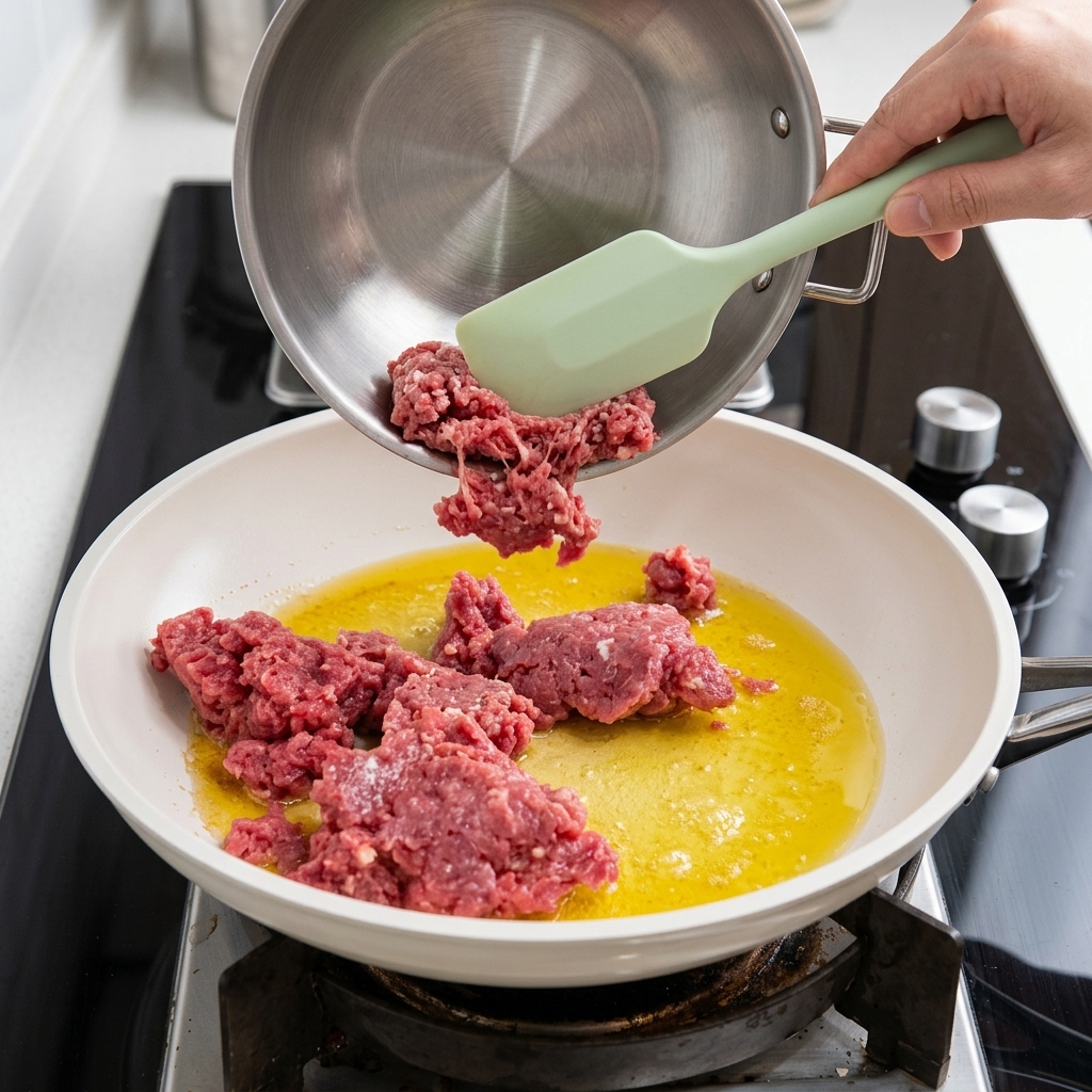 Carne picada cruda cayendo desde un bol de metal a una sartén con mantequilla derretida.