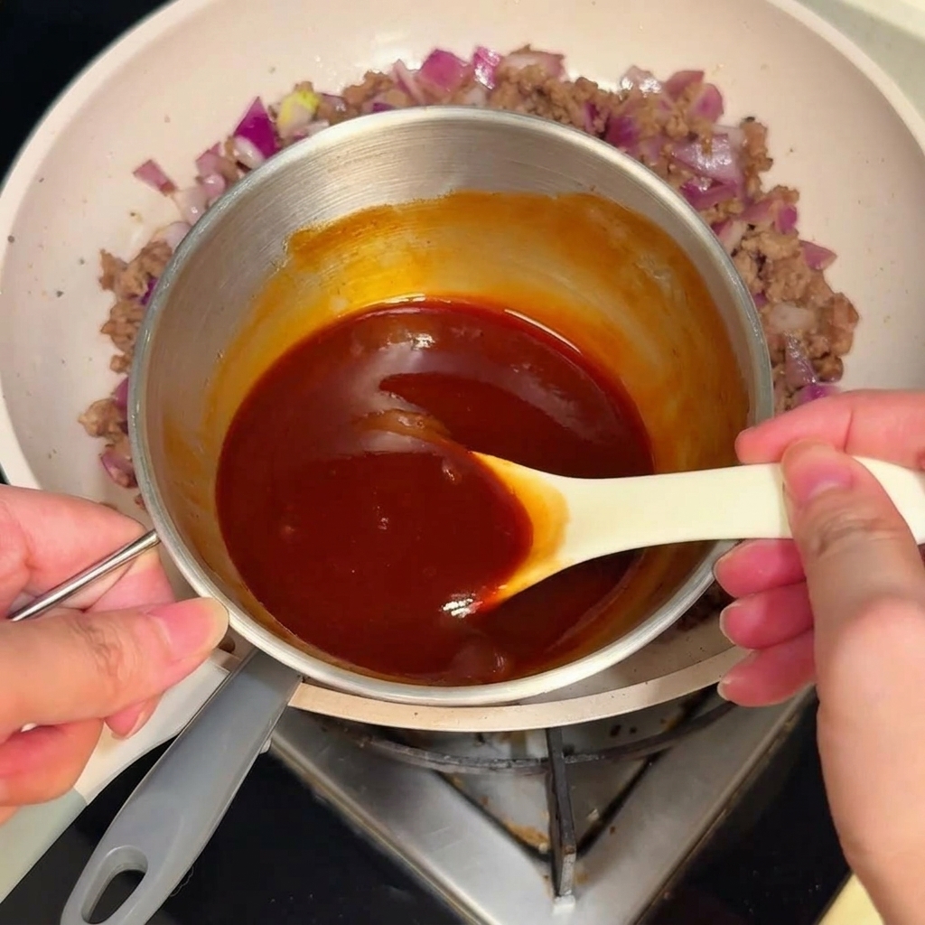 Una pequeña olla de acero inoxidable con una salsa roja espesa removiéndose con una cuchara blanca.
