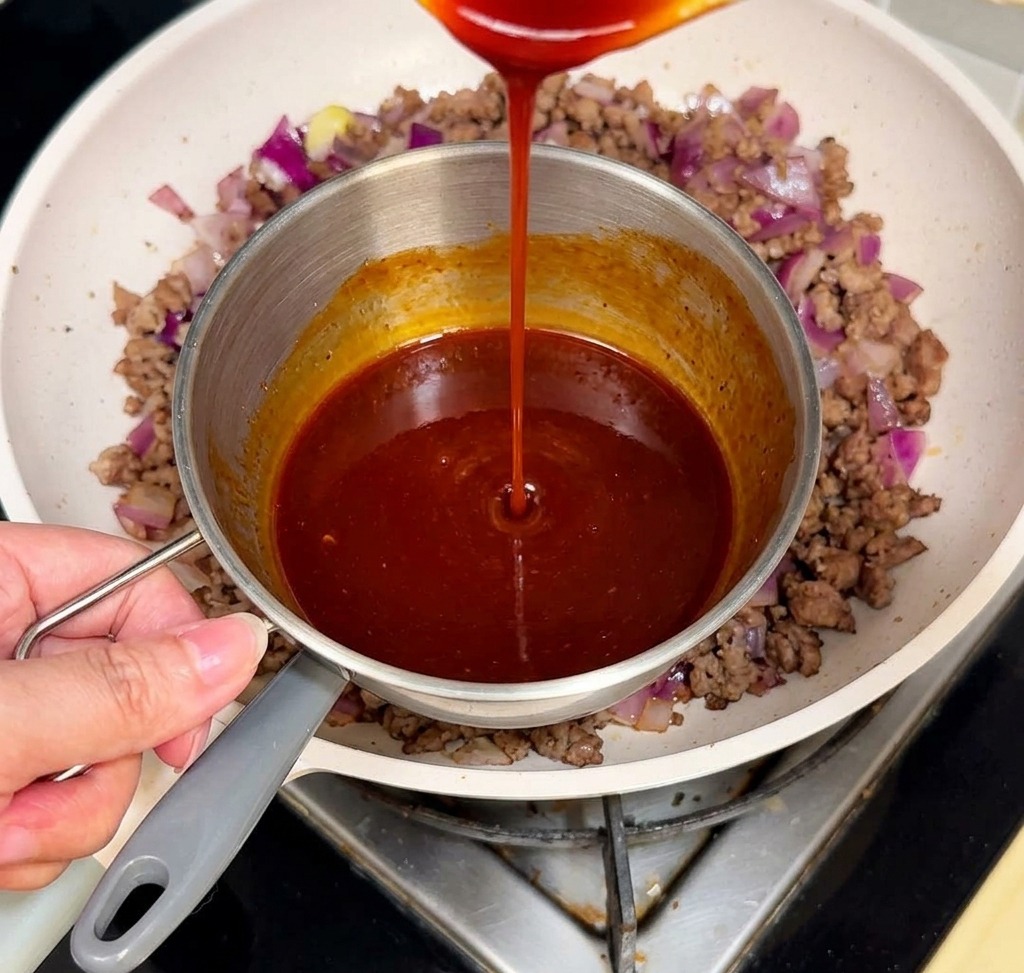 Una salsa roja espesa cayendo sobre una sartén con carne picada y cebolla morada cocinadas.