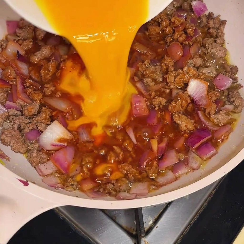 Huevos batidos de color amarillo intenso cayendo en forma de hilo sobre una mezcla a fuego lento de carne, cebollas y salsa en la sartén.