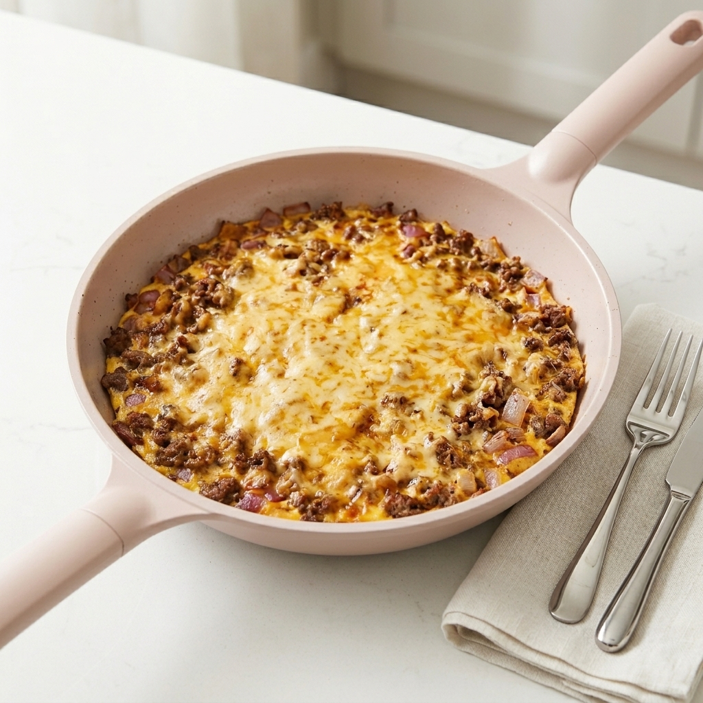 Una sartén blanca sobre la encimera con una base de carne y huevo, cubierta con lonchas de queso amarillo fundido y mozzarella blanca rallada.
