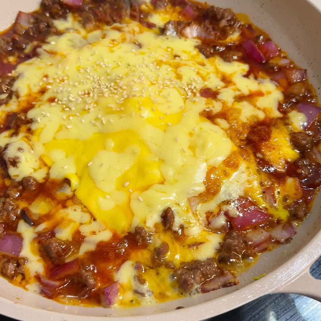 Primer plano de queso amarillo y blanco fundido sobre carne y cebolla, decorado con un ligero toque de semillas de sésamo blanco.