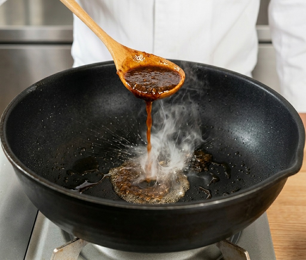 Una cuchara de madera vertiendo una salsa aromática espesa de color marrón oscuro sobre un filete sellado dentro de una sartén negra de la que sale vapor.
