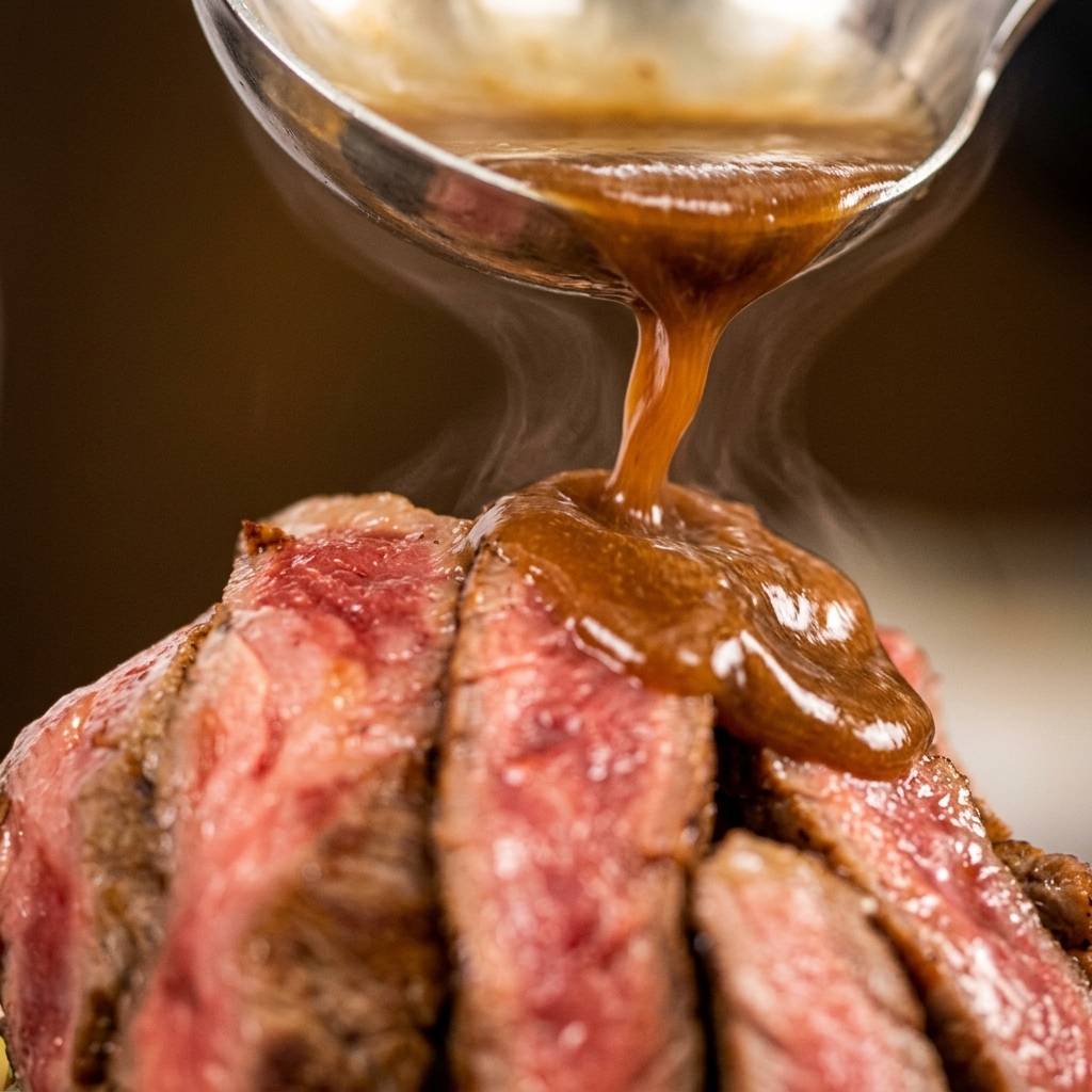Salsa marrón espesa vertiéndose desde un cucharón plateado sobre el filete cortado al punto, con vapor subiendo desde el glaseado caliente.