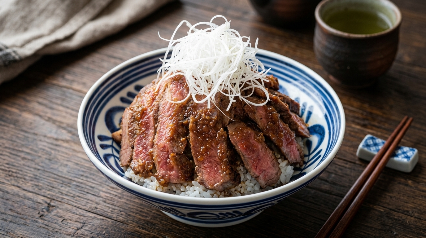 Steak Donburi Premium con Glaseado de Cebolla Sabroso (Yakiniku Don)