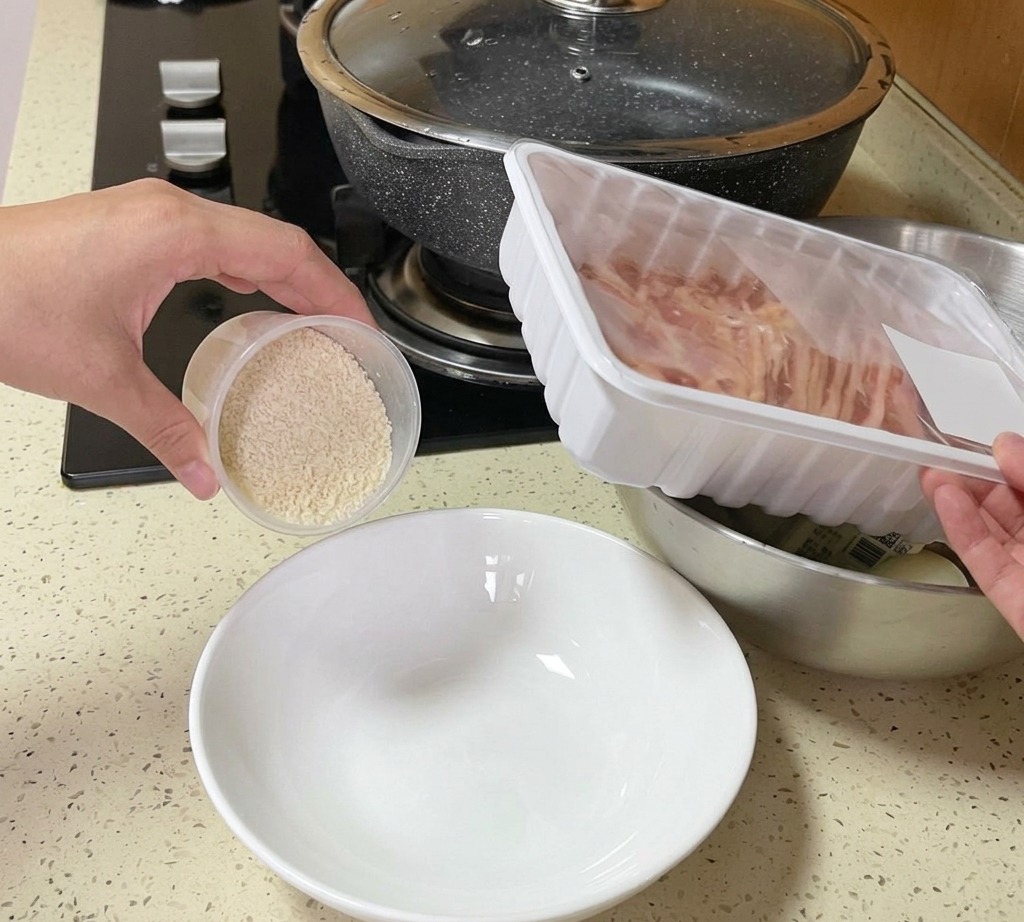 Una mano vertiendo agua limpia desde una taza medidora de plástico en un tazón blanco con arroz blanco crudo.