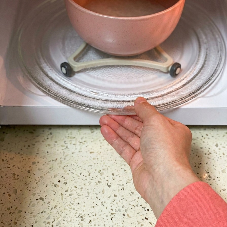 Una mano colocando un tazón rosa con agua y arroz sobre el plato giratorio de cristal dentro de un microondas blanco.