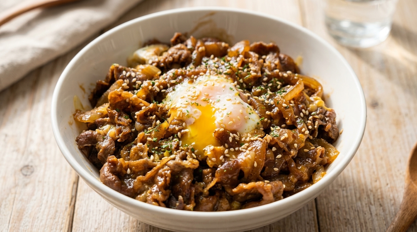 Donburi de ternera con queso al microondas (Gyudon rápido)