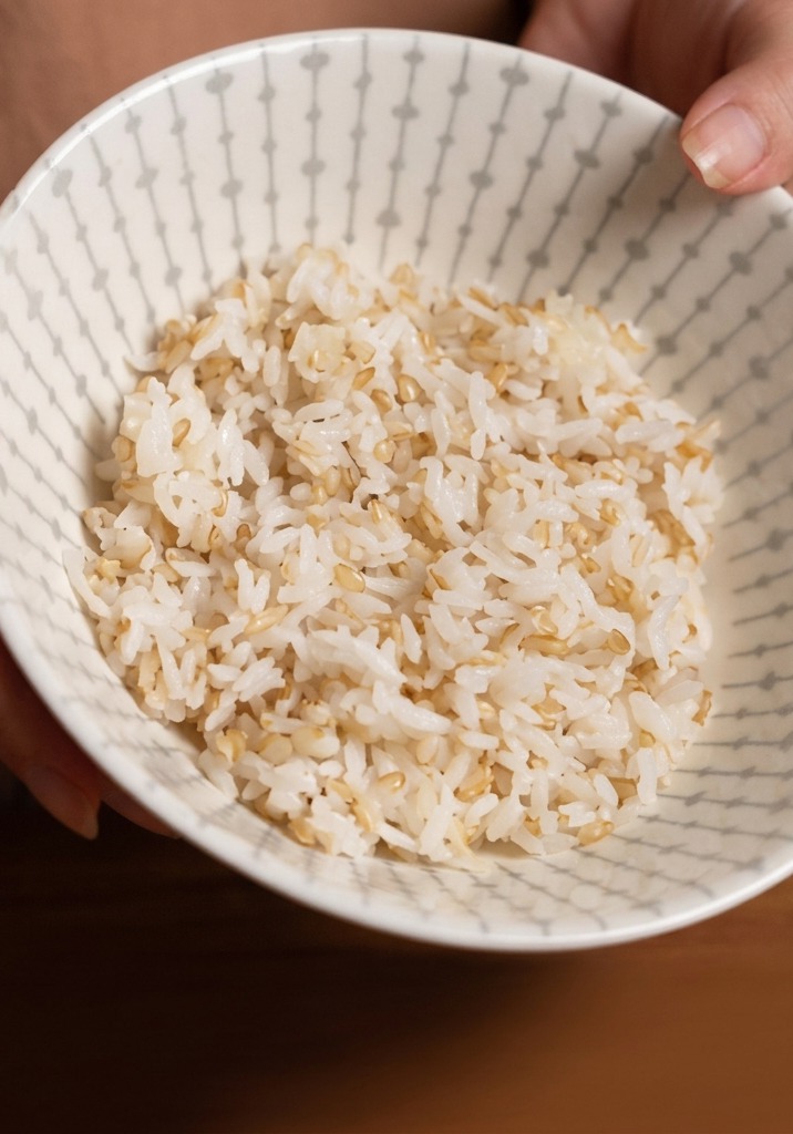 Un primer plano de un bol de cerámica blanca lleno de una mezcla de arroz blanco crudo y granos de arroz integral germinado de color canela.