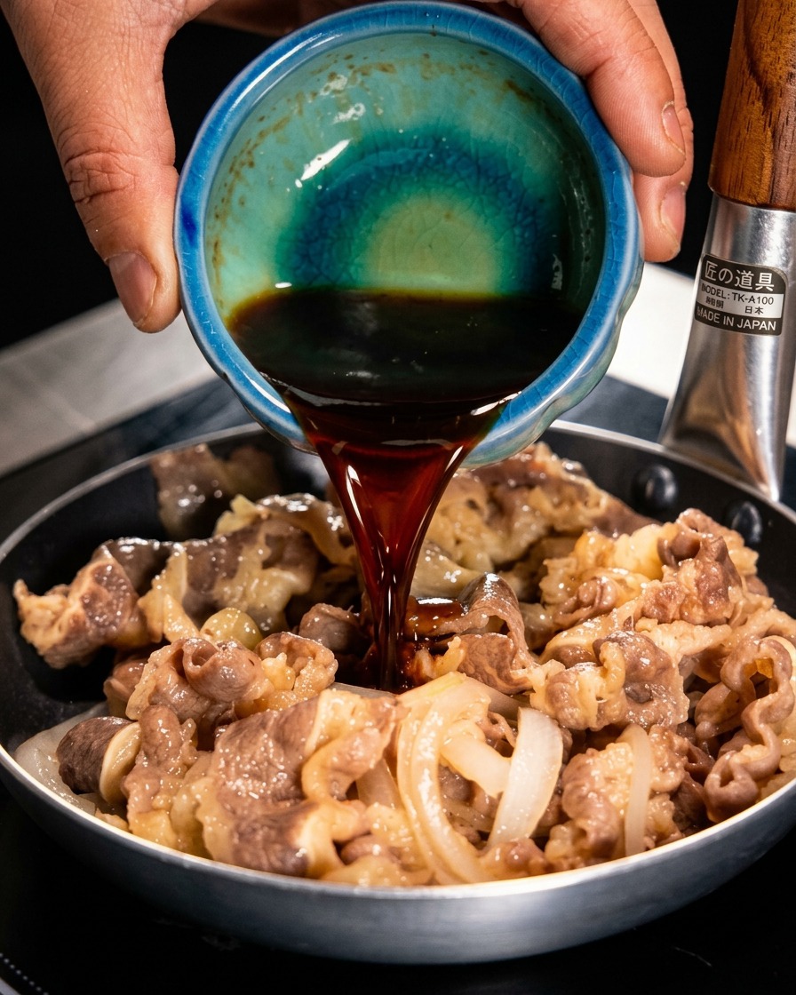Salsa barbacoa yakiniku de color marrón oscuro vertiéndose desde un pequeño cuenco de cerámica azul sobre la mezcla de ternera y cebolla en la sartén.
