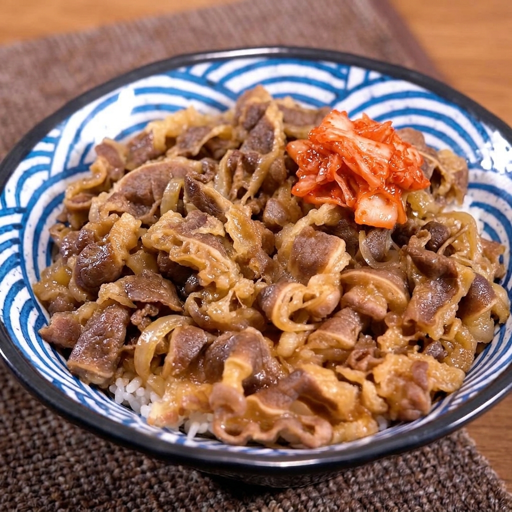 Un bol de arroz con ternera al que se le añade una porción de kimchi de color rojo brillante con palillos.