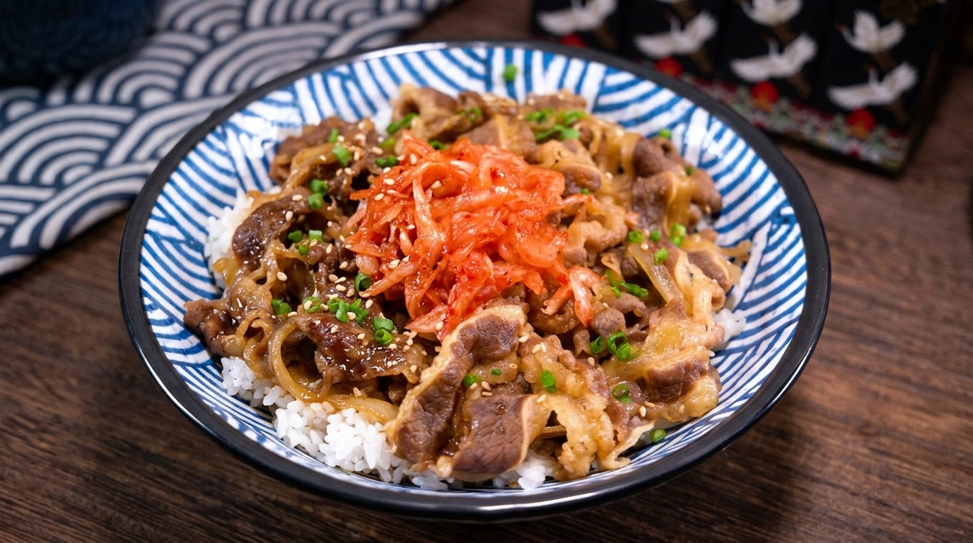 Jugosa ternera a la barbacoa con cebolla sobre una cama de arroz, coronada con kimchi, cebollino y semillas de sésamo tostado.