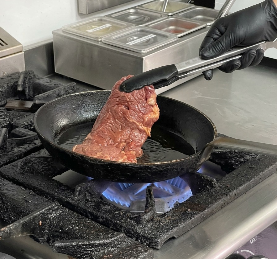 Unas pinzas colocando un trozo de carne de ternera marinada en una sartén de hierro fundido caliente con aceite.