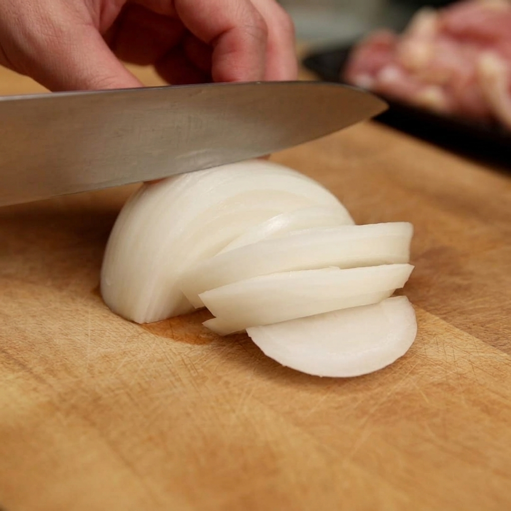 Un cuchillo de chef afilado cortando una cebolla blanca en rodajas finas y uniformes sobre una tabla de madera.