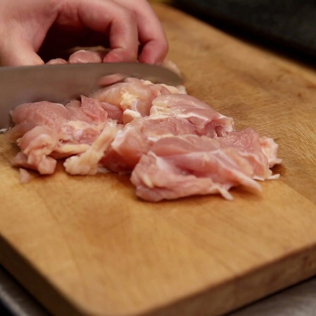 Primer plano de un contramuslo de pollo crudo cortándose en trozos pequeños y uniformes sobre una tabla de madera.