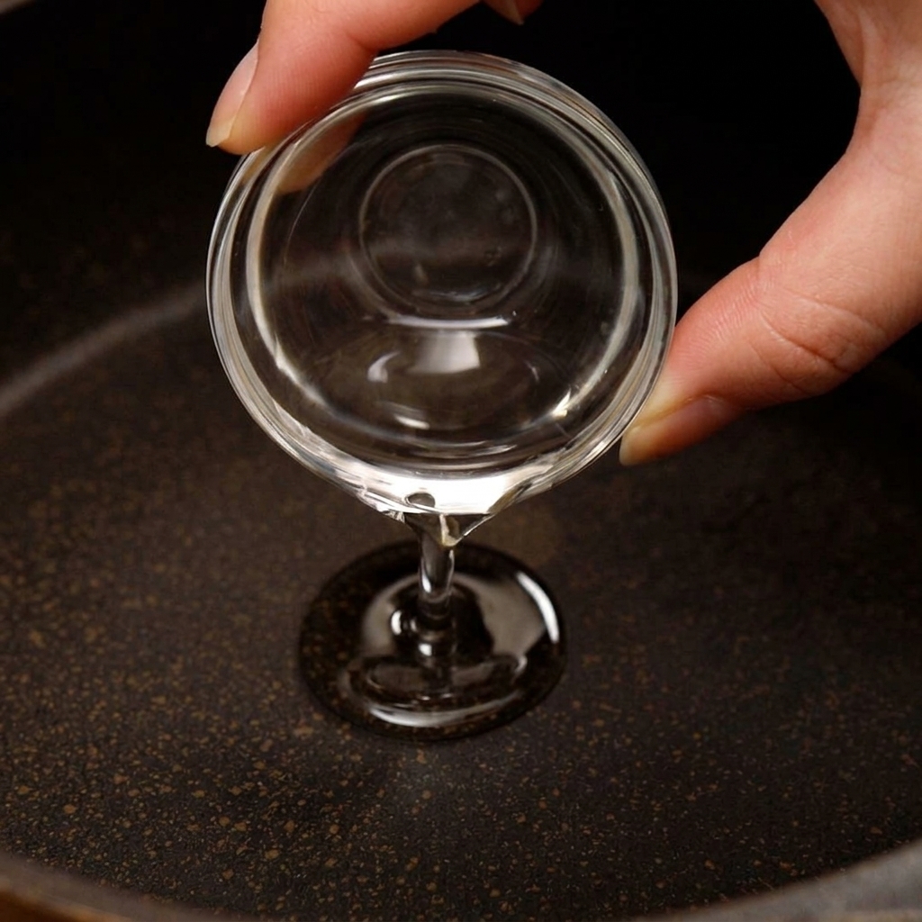 Aceite vegetal vertiéndose desde un pequeño recipiente de vidrio al centro de una sartén oscura.