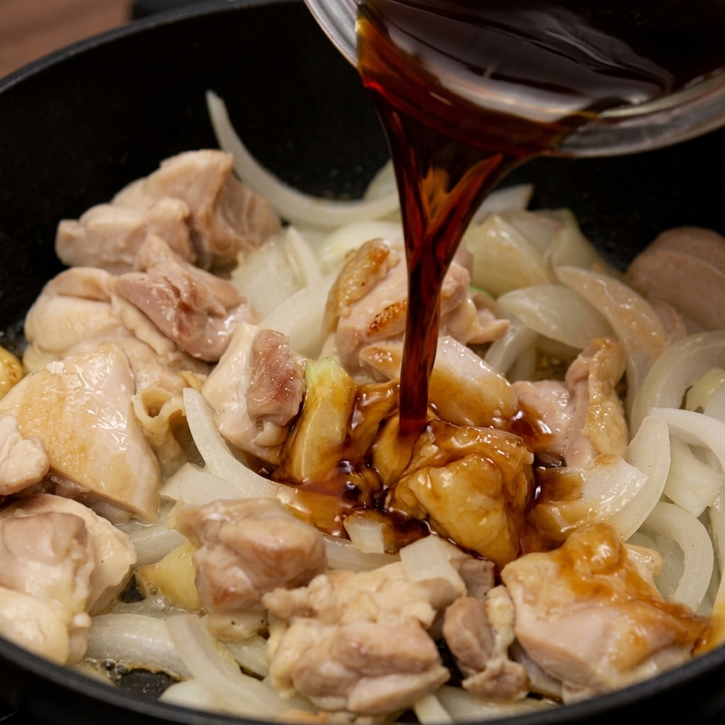 Una salsa oscura a base de soja vertiéndose en una sartén con pollo salteado y rodajas de cebolla blanca.