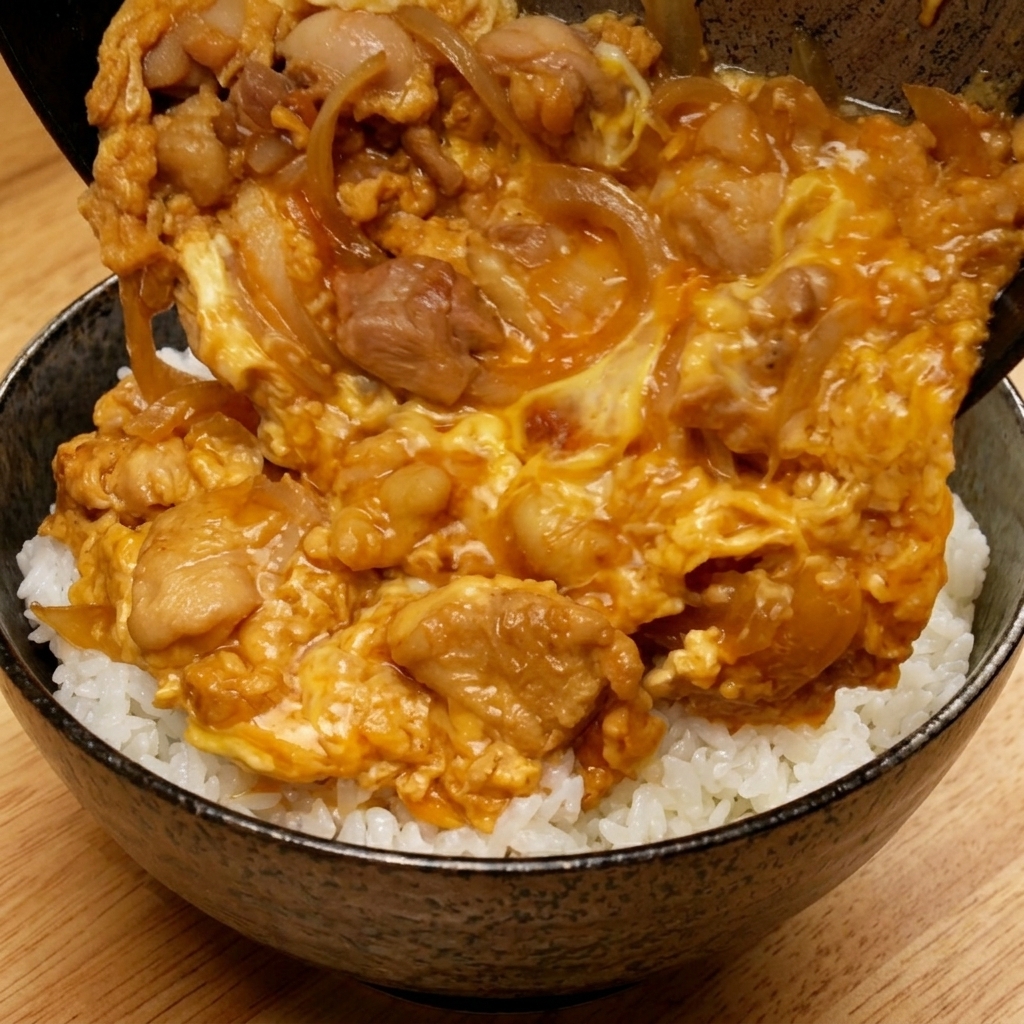 La mezcla cocinada de pollo y huevo deslizándose desde una sartén de hierro hacia un tazón lleno de arroz blanco esponjoso.