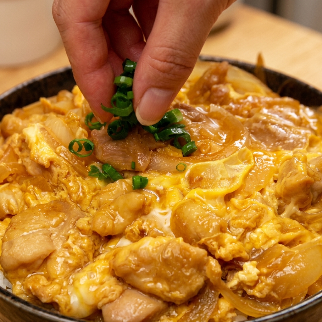 Una mano espolvoreando cebollín picado sobre un tazón humeante de Oyakodon terminado.