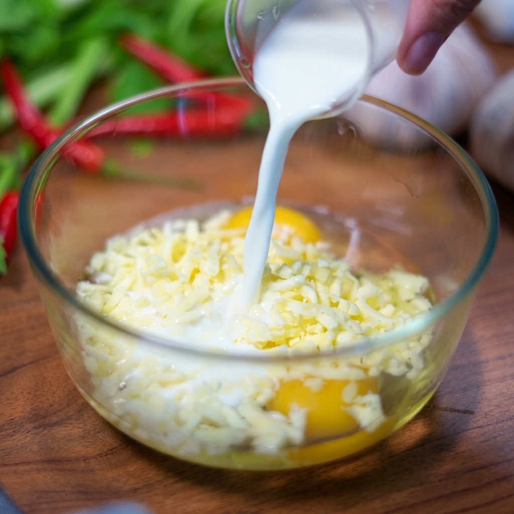 Leche vertiéndose desde una pequeña jarra transparente en un tazón con yemas de huevo y queso rallado claro.