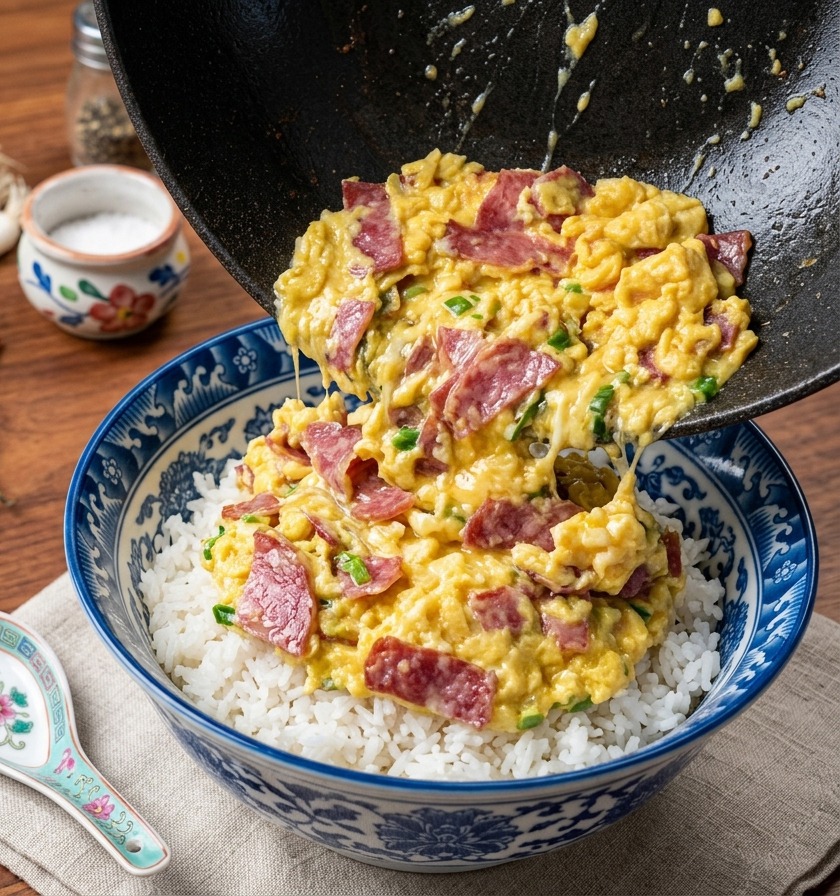 Una sartén inclinada deslizando una porción de huevos revueltos amarillos con tocino sobre un tazón de arroz blanco humeante.