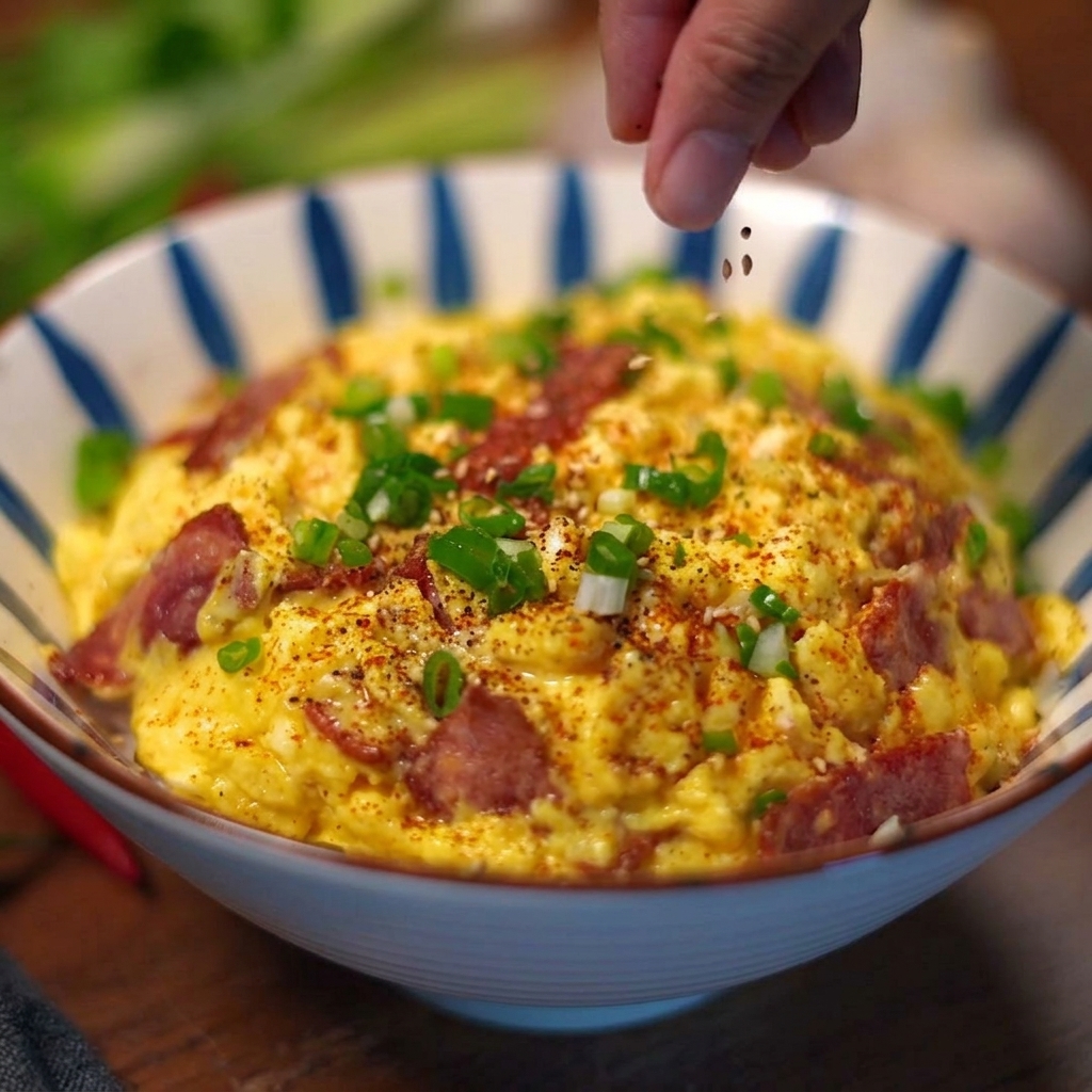 Una mano espolvoreando cebollín picado sobre un tazón terminado de arroz con tocino y huevo.