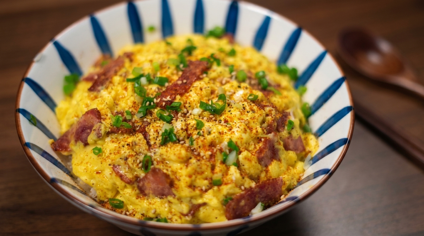 Un apetitoso tazón de arroz al vapor cubierto con huevos revueltos esponjosos, tocino crujiente y cebollín fresco.