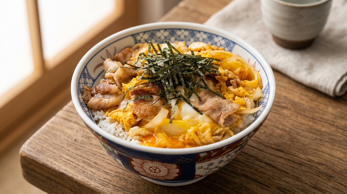 Tanindon tradicional (Tazón japonés de arroz con cerdo y huevo)