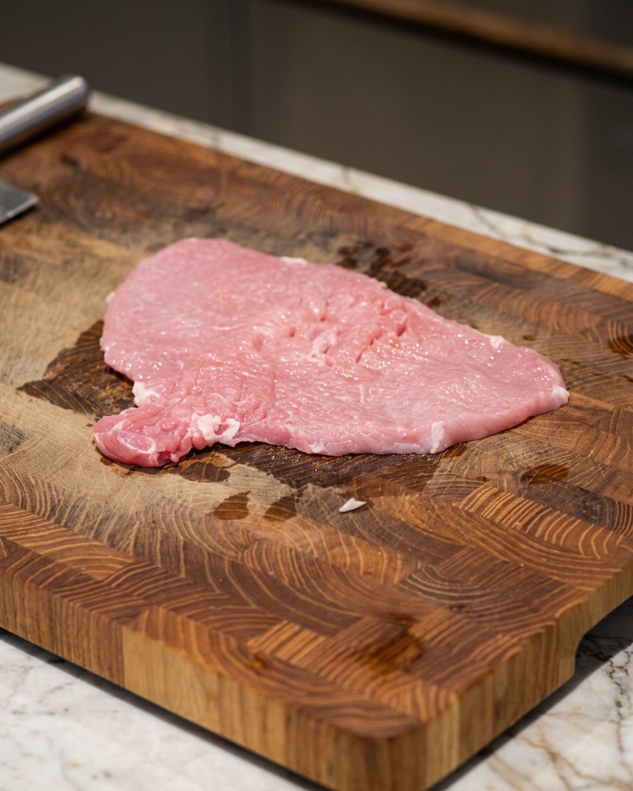 Un filete de cerdo crudo y aplanado sobre una tabla de madera con granos visibles de sal y pimienta.