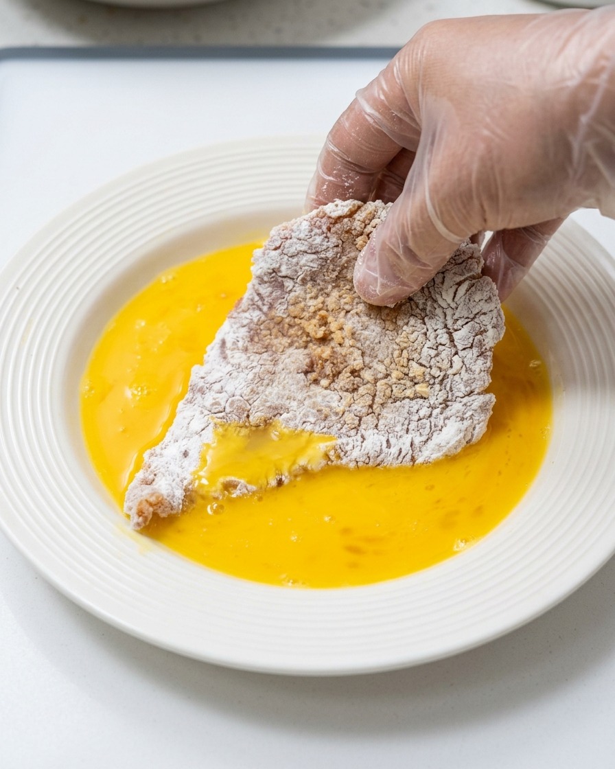 Una mano sumerge una chuleta de cerdo cubierta de almidón en un plato blanco con huevo batido.