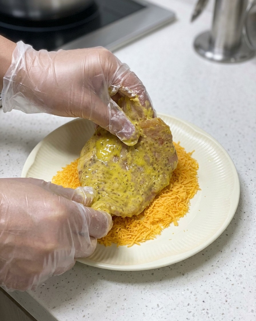 Manos con guantes de plástico presionando una chuleta de cerdo humedecida en huevo sobre un plato lleno de panko crujiente.