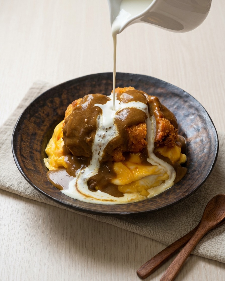 Un fino hilo de salsa blanca de queso y coco vertiéndose desde una jarra de cerámica blanca sobre una chuleta de cerdo empanizada ya cubierta con salsa de curry marrón oscuro.