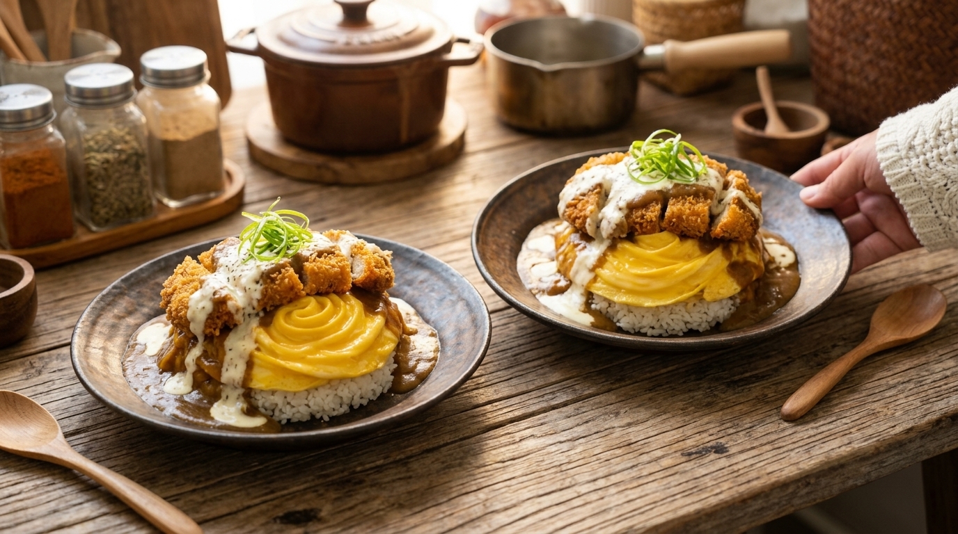 Katsu de cerdo con curry en cascada, tortilla tornado y latte de plátano