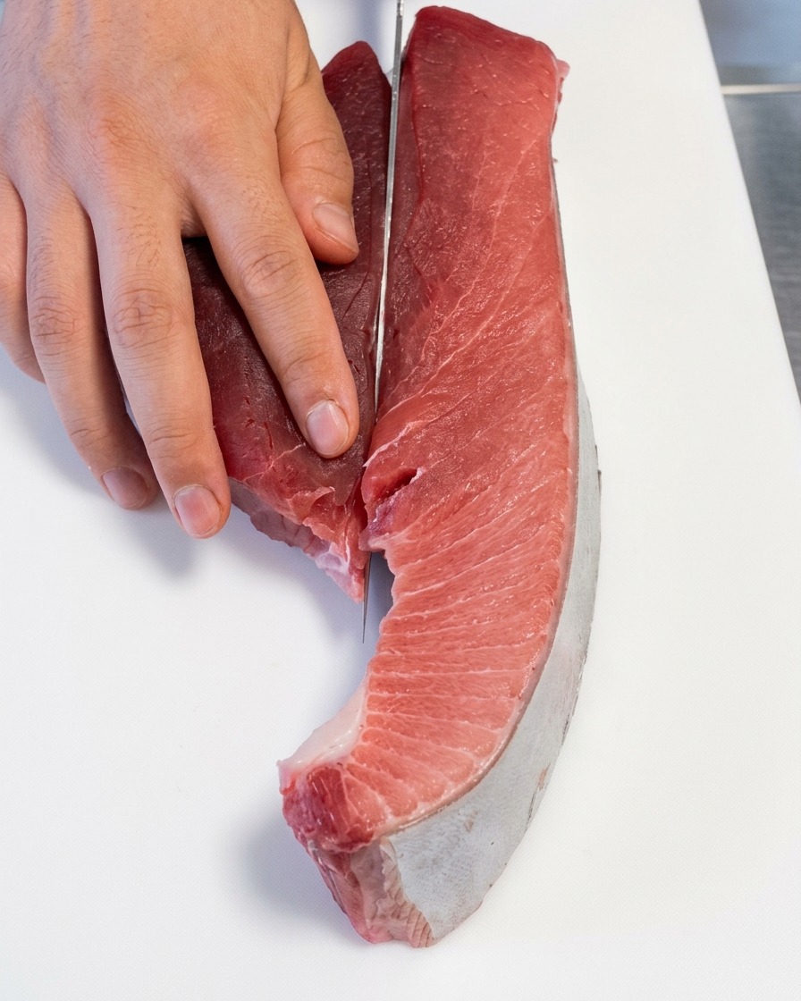 La mano de un chef usando un cuchillo afilado para cortar un bloque de atún crudo, separando la línea de sangre roja y oscura de la carne rosada más clara.