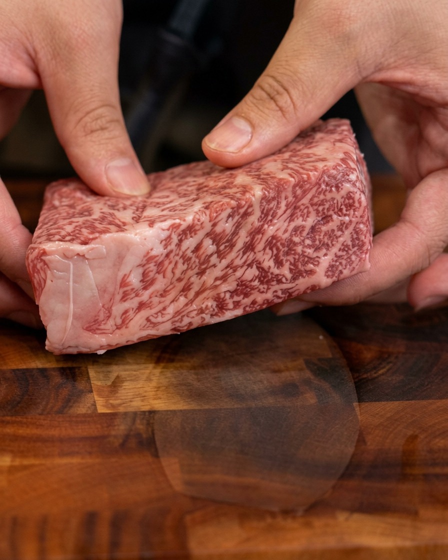 Primer plano de unas manos sosteniendo un corte grueso de filete de ternera marmoleada cruda para mostrar su grosor y su hermoso patrón de grasa.