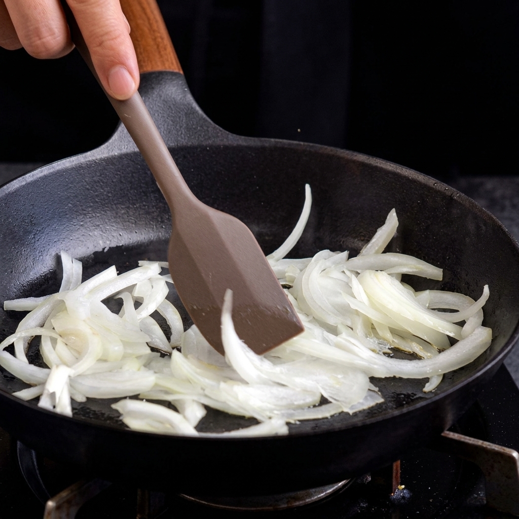 Salteado de cebolla blanca en rodajas con una espátula marrón en una sartén de hierro fundido caliente.