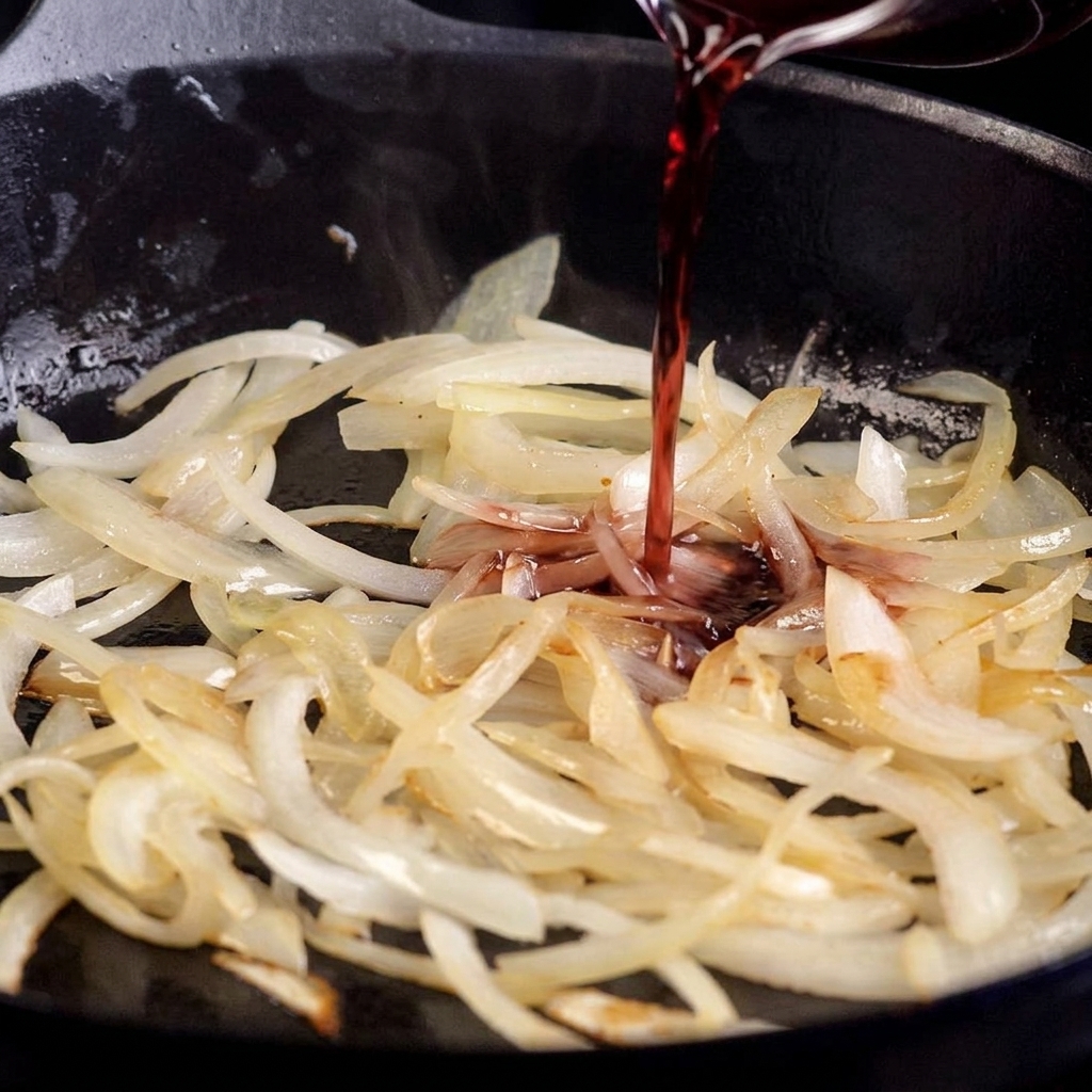Vertido de un chorro de vino tinto en una sartén con cebolla blanca sofrita para comenzar el proceso de caramelización.