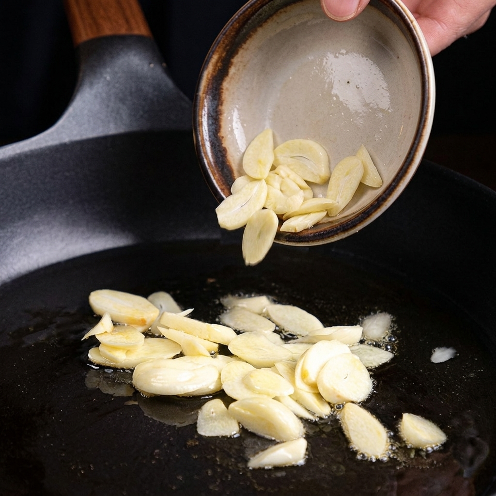 Láminas de ajo crudo deslizándose desde un tazón pequeño hacia una sartén caliente con aceite para freír.