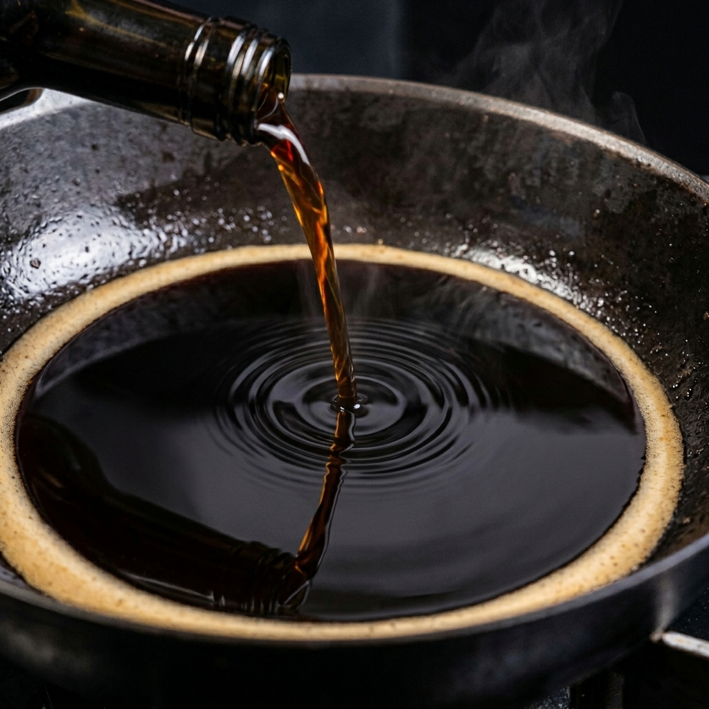 Un líquido oscuro que se vierte desde una botella en una sartén negra, creando pequeñas ondas en la superficie del líquido que ya está en la sartén.