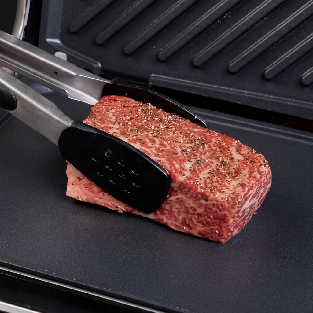 Un filete grueso de ternera marmoleada sazonado con pimienta negra colocado sobre una placa de parrilla eléctrica de color gris oscuro con pinzas de metal.