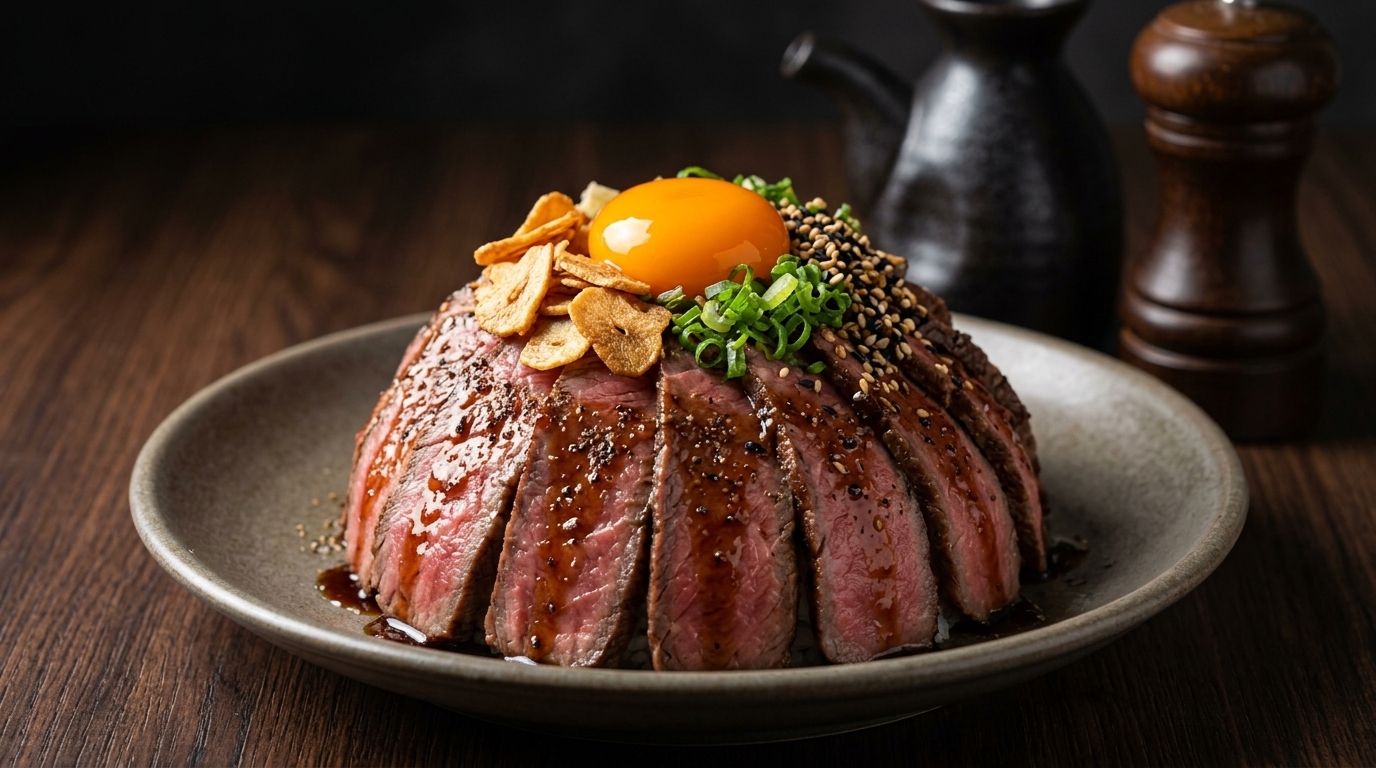Donburi de ternera volcánico: Tazón de arroz japonés (Gyudon)