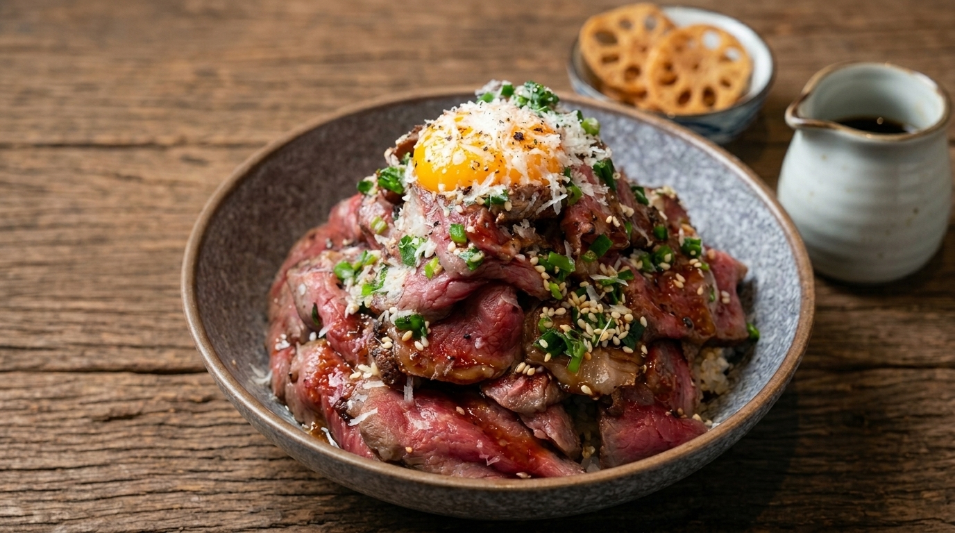 Un espectacular bol de donburi de ternera madurada con láminas de carne término medio apiladas sobre arroz, coronado con una yema de huevo vibrante y queso rallado.