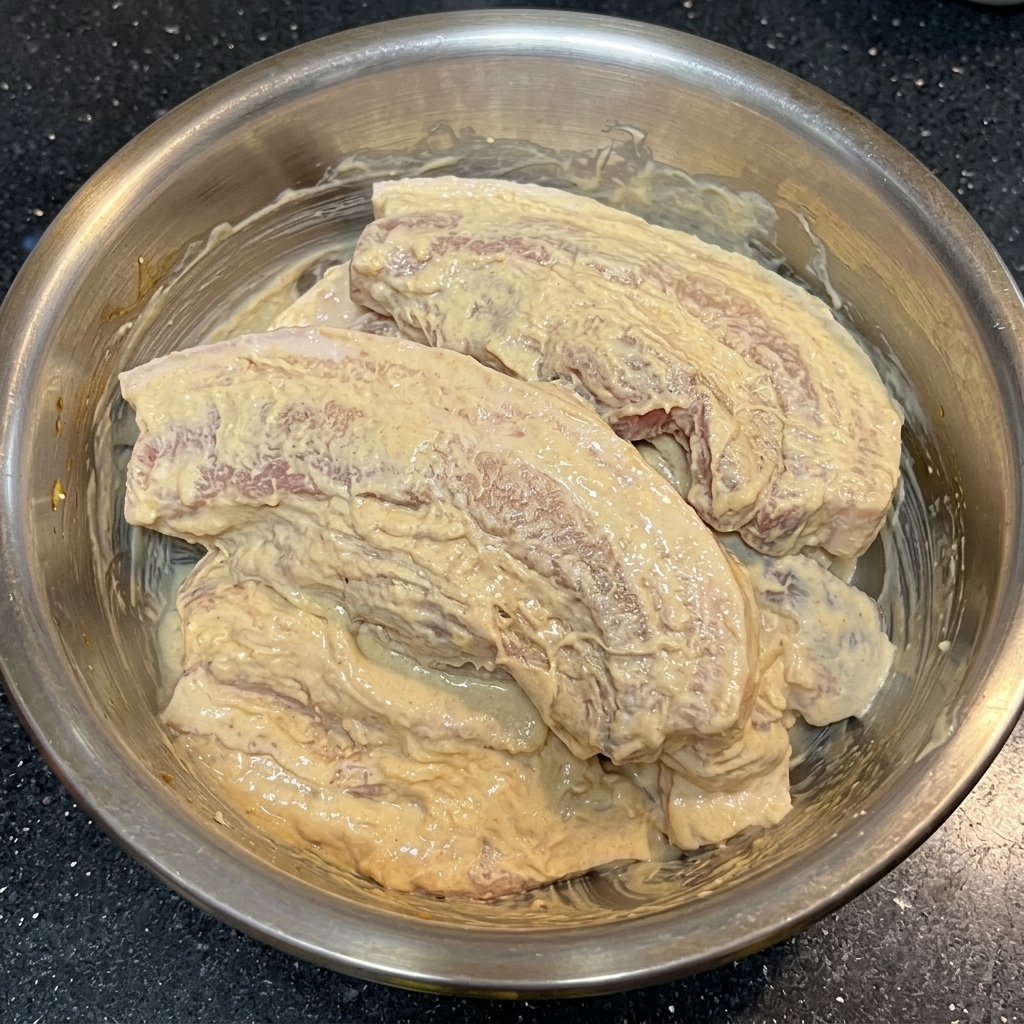 Tiras de panceta de cerdo completamente cubiertas por un rebozado espeso y cremoso de color pálido dentro de un tazón de metal.