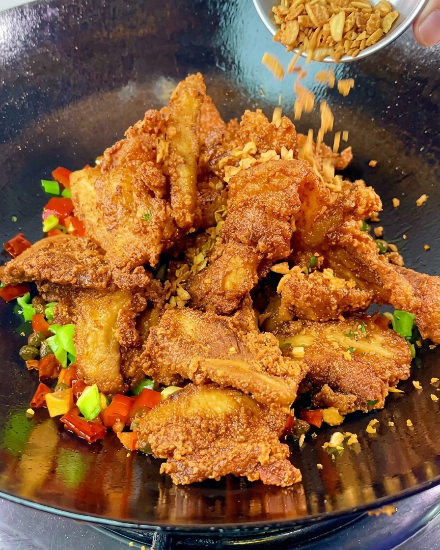 Ajo frito crujiente vertiéndose sobre rebanadas doradas de panceta de cerdo en un wok que contiene pimientos y chiles salteados.