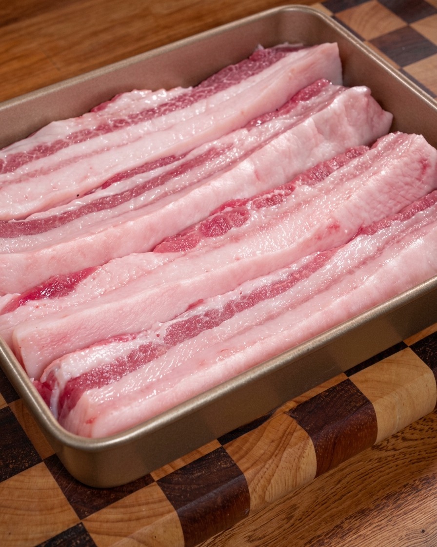 Tiras largas de panceta de cerdo cruda con capas alternas de carne rosada y grasa blanca, dispuestas en una bandeja metálica sobre una superficie de madera.